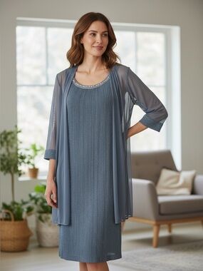 R&M Richards Light Blue Beaded Evening Dress with Sheer Jacket